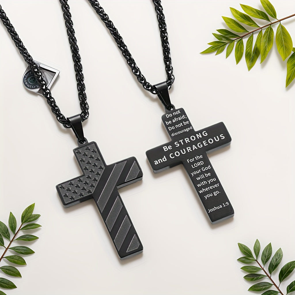 High-End Hip Hop Titanium Steel Necklace with Cross and American Flag Cross High-End Hip Hop Titanium Steel Necklace with Cross and American Flag Pendant,20.0Inch Stainless Steel Bracelet。Bible Verse Cross Necklace Men's Gift