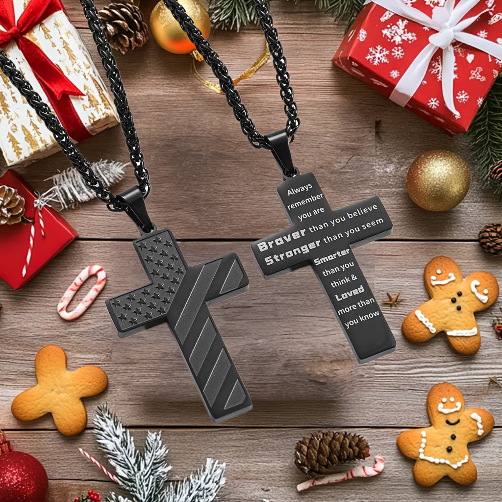 High-End Hip Hop Titanium Steel Necklace with Cross and American Flag Cross High-End Hip Hop Titanium Steel Necklace with Cross and American Flag Pendant,20.0Inch Stainless Steel Bracelet。Bible Verse Cross Necklace Men's Gift