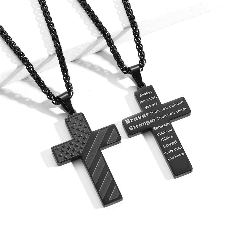High-End Hip Hop Titanium Steel Necklace with Cross and American Flag Cross High-End Hip Hop Titanium Steel Necklace with Cross and American Flag Pendant,20.0Inch Stainless Steel Bracelet。Bible Verse Cross Necklace Men's Gift