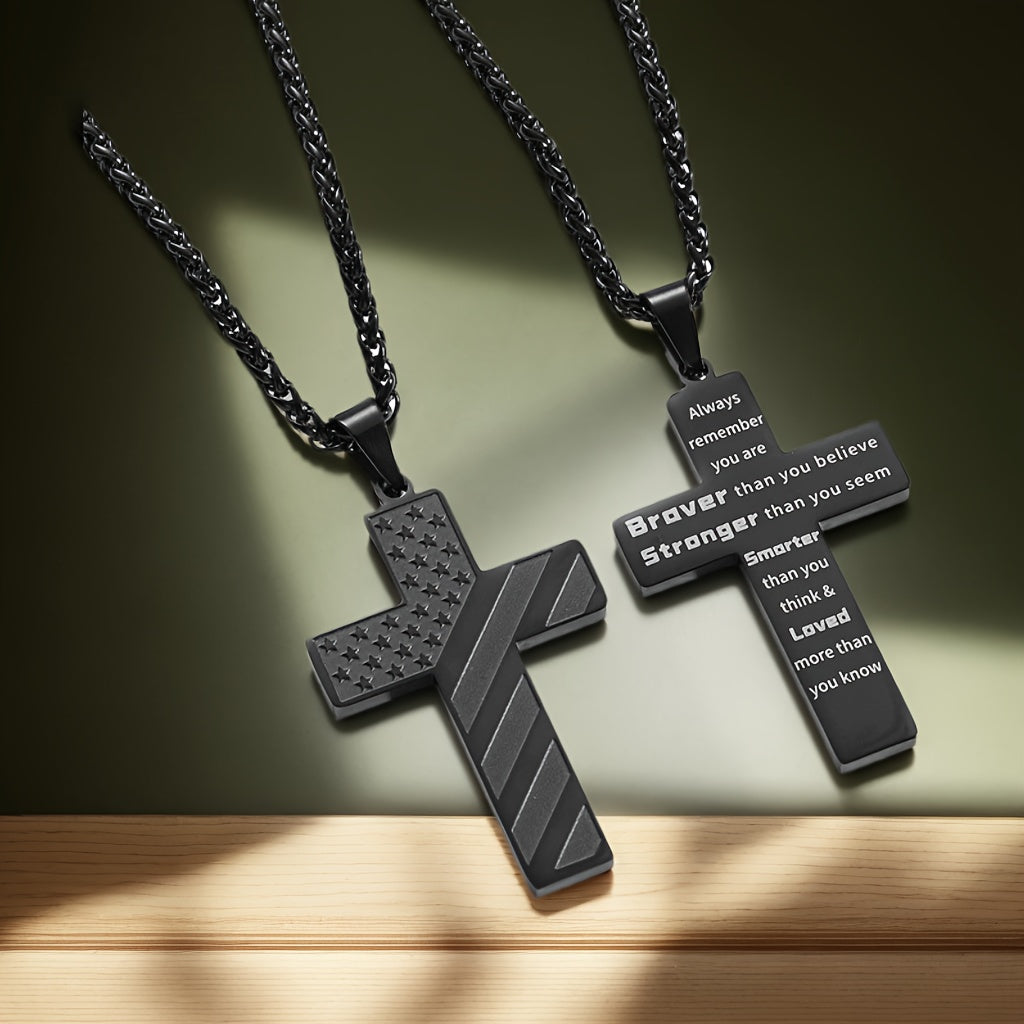 High-End Hip Hop Titanium Steel Necklace with Cross and American Flag Cross High-End Hip Hop Titanium Steel Necklace with Cross and American Flag Pendant，20.0Inch Stainless Steel Bracelet。Bible Verse Cross Necklace Men's Gift