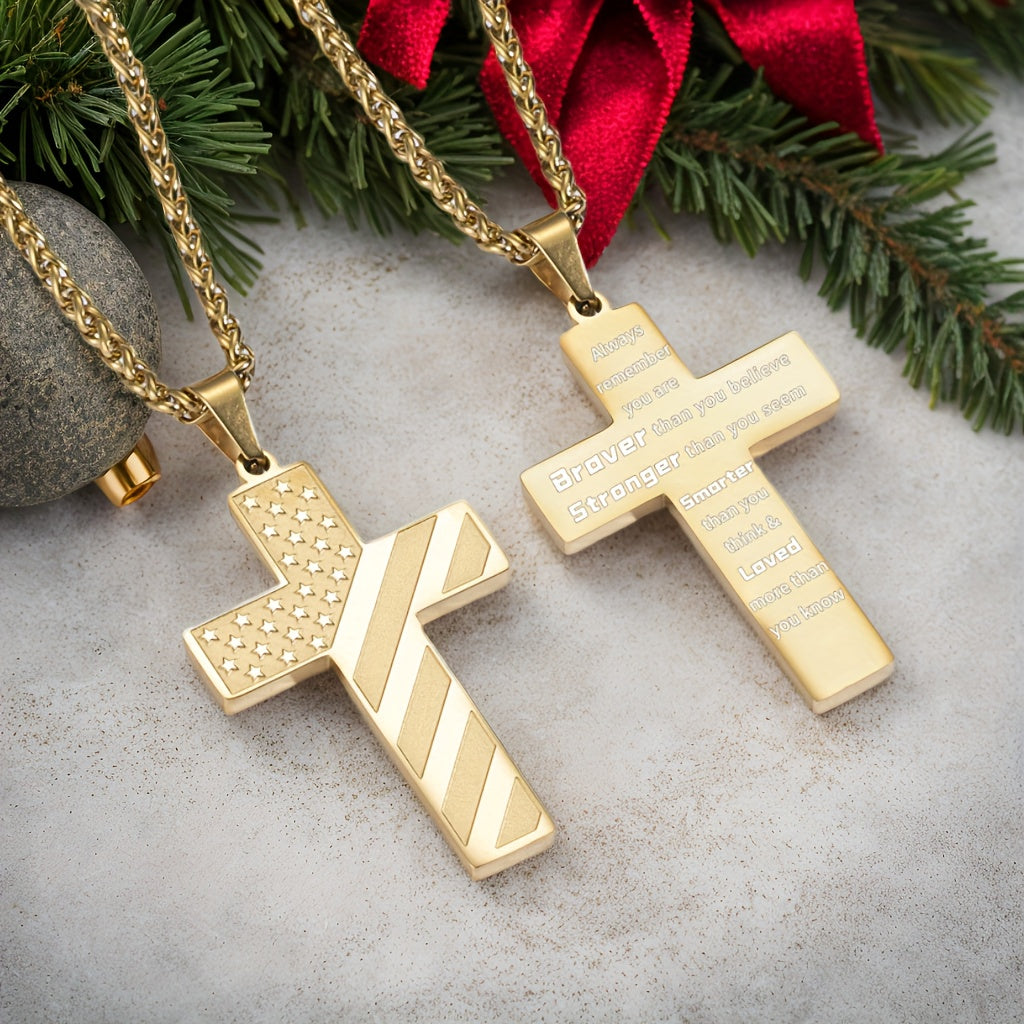 High-End Hip Hop Titanium Steel Necklace with Cross and American Flag Cross High-End Hip Hop Titanium Steel Necklace with Cross and American Flag Pendant，20.0Inch Stainless Steel Bracelet。Bible Verse Cross Necklace Men's Gift