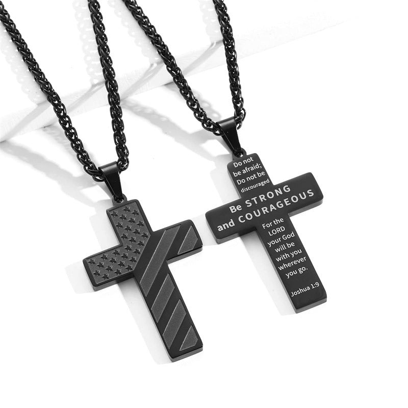 High-End Hip Hop Titanium Steel Necklace with Cross and American Flag Cross High-End Hip Hop Titanium Steel Necklace with Cross and American Flag Pendant，20.0Inch Stainless Steel Bracelet。Bible Verse Cross Necklace Men's Gift