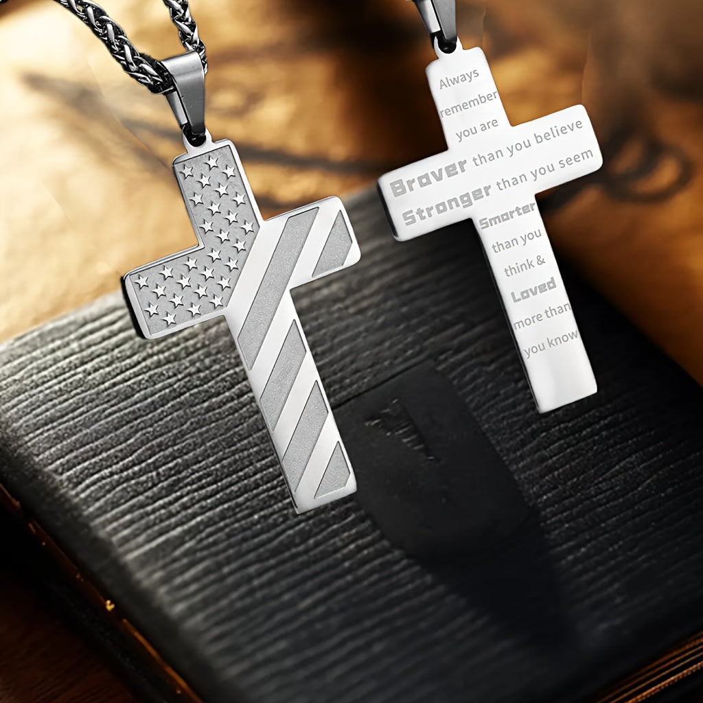 High-End Hip Hop Titanium Steel Necklace with Cross and American Flag Cross High-End Hip Hop Titanium Steel Necklace with Cross and American Flag Pendant，20.0Inch Stainless Steel Bracelet。Bible Verse Cross Necklace Men's Gift