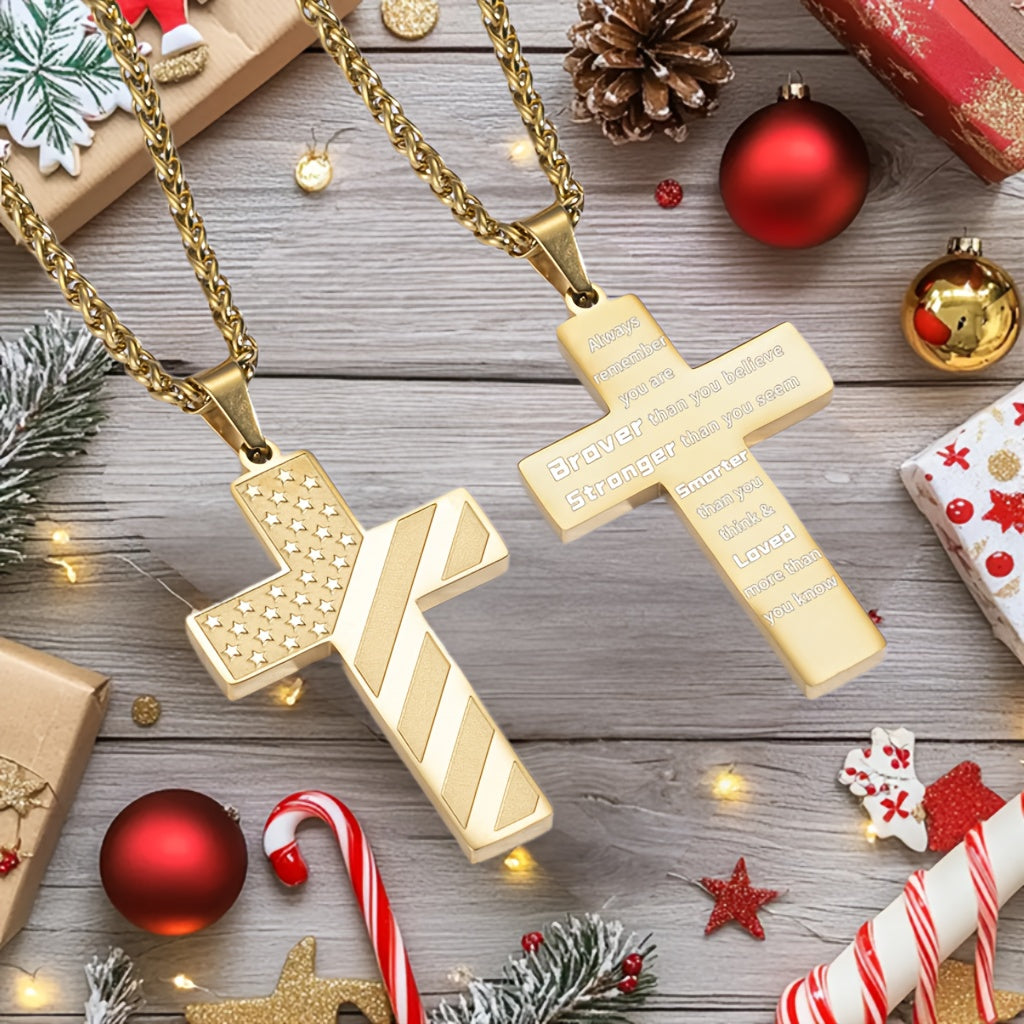 High-End Hip Hop Titanium Steel Necklace with Cross and American Flag Cross High-End Hip Hop Titanium Steel Necklace with Cross and American Flag Pendant，20.0Inch Stainless Steel Bracelet。Bible Verse Cross Necklace Men's Gift