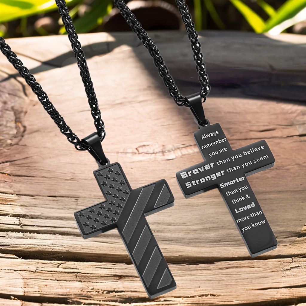 High-End Hip Hop Titanium Steel Necklace with Cross and American Flag Cross High-End Hip Hop Titanium Steel Necklace with Cross and American Flag Pendant，20.0Inch Stainless Steel Bracelet。Bible Verse Cross Necklace Men's Gift