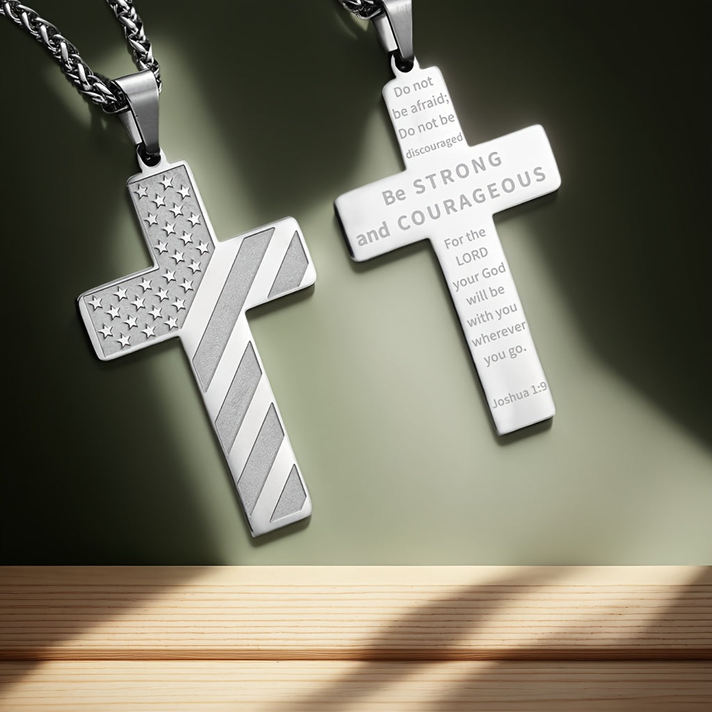 High-End Hip Hop Titanium Steel Necklace with Cross and American Flag Cross High-End Hip Hop Titanium Steel Necklace with Cross and American Flag Pendant，20.0Inch Stainless Steel Bracelet。Bible Verse Cross Necklace Men's Gift