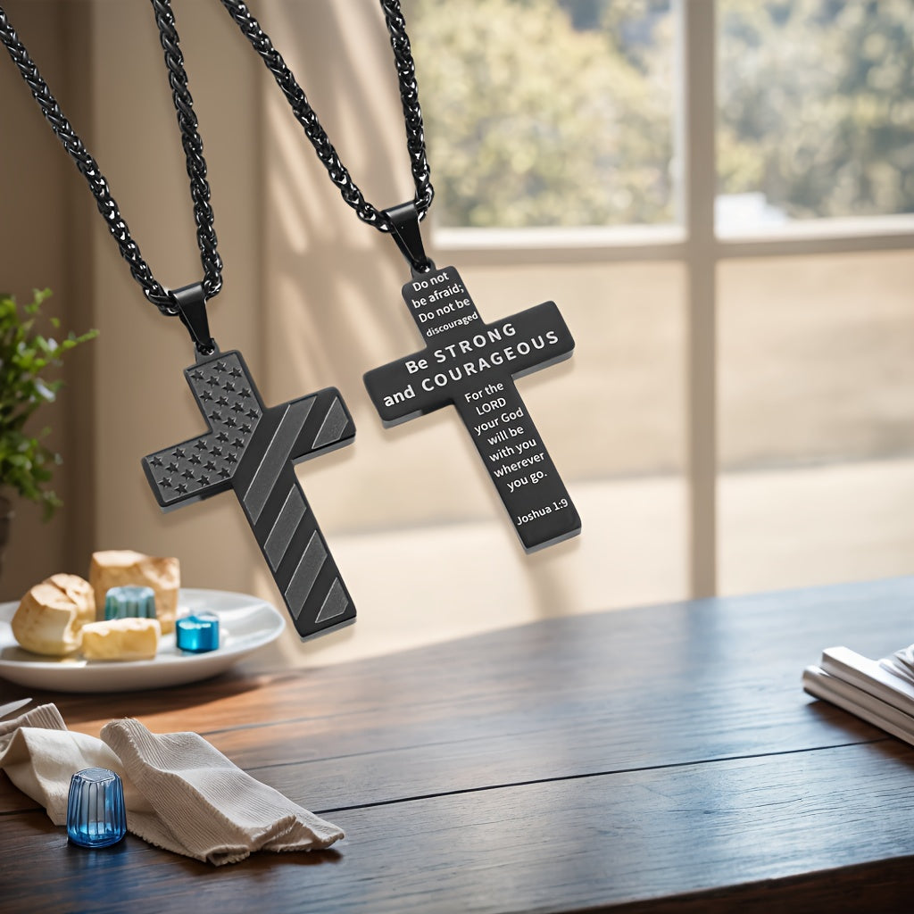 High-End Hip Hop Titanium Steel Necklace with Cross and American Flag Cross High-End Hip Hop Titanium Steel Necklace with Cross and American Flag Pendant，20.0Inch Stainless Steel Bracelet。Bible Verse Cross Necklace Men's Gift