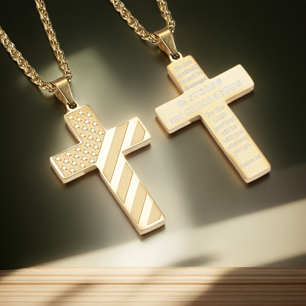 High-End Hip Hop Titanium Steel Necklace with Cross and American Flag Cross High-End Hip Hop Titanium Steel Necklace with Cross and American Flag Pendant，20.0Inch Stainless Steel Bracelet。Bible Verse Cross Necklace Men's Gift