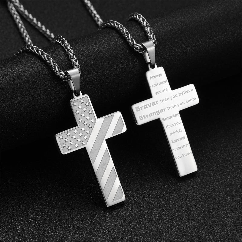 High-End Hip Hop Titanium Steel Necklace with Cross and American Flag Cross High-End Hip Hop Titanium Steel Necklace with Cross and American Flag Pendant，20.0Inch Stainless Steel Bracelet。Bible Verse Cross Necklace Men's Gift