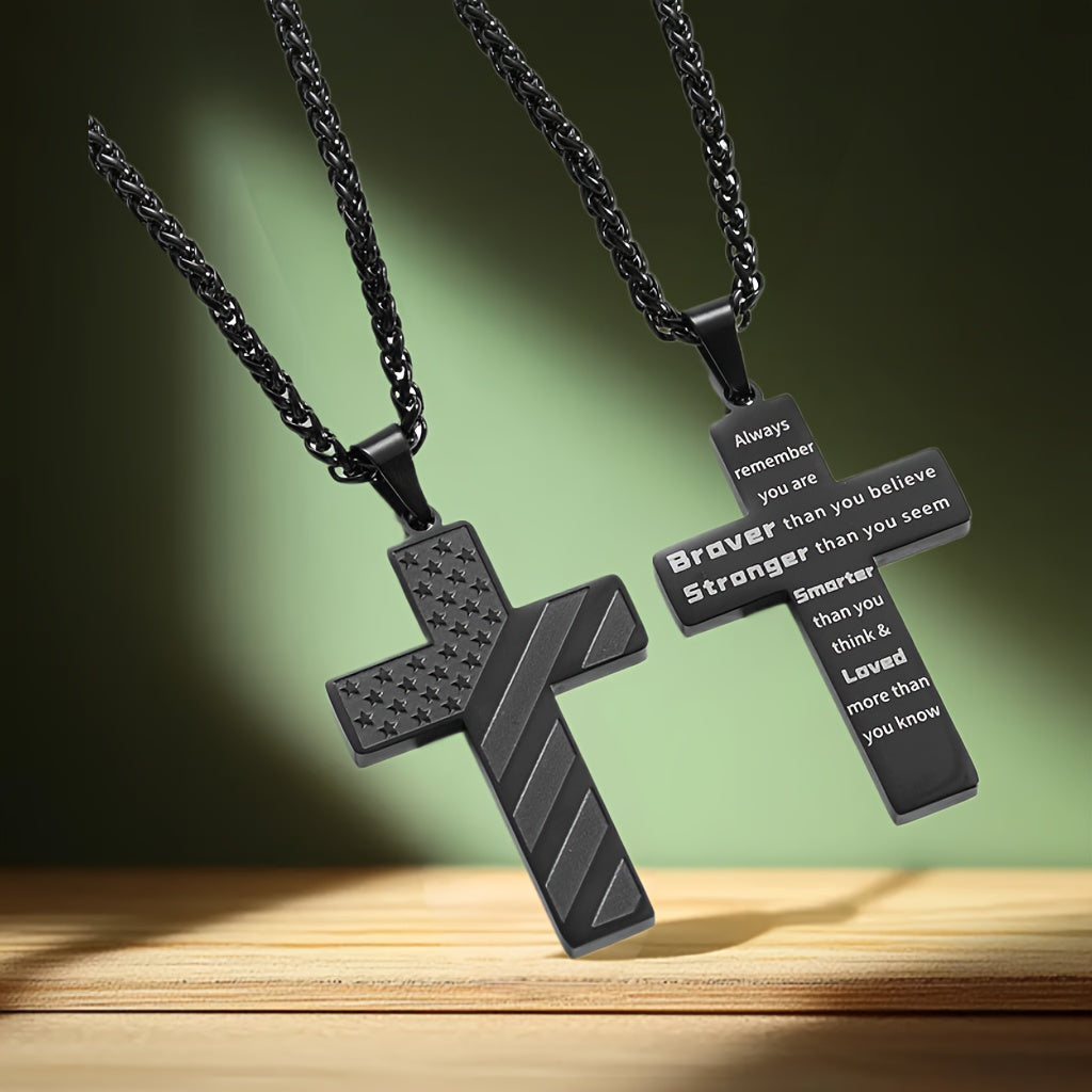 High-End Hip Hop Titanium Steel Necklace with Cross and American Flag Cross High-End Hip Hop Titanium Steel Necklace with Cross and American Flag Pendant，20.0Inch Stainless Steel Bracelet。Bible Verse Cross Necklace Men's Gift