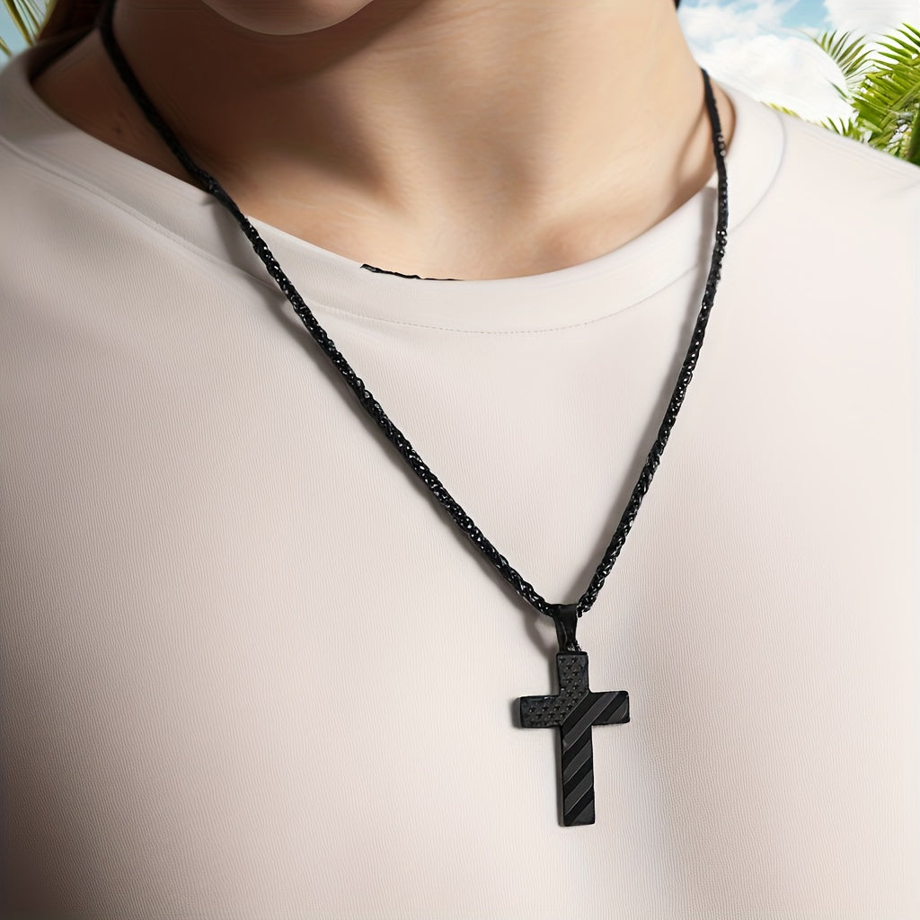 High-End Hip Hop Titanium Steel Necklace with Cross and American Flag Cross High-End Hip Hop Titanium Steel Necklace with Cross and American Flag Pendant，20.0Inch Stainless Steel Bracelet。Bible Verse Cross Necklace Men's Gift